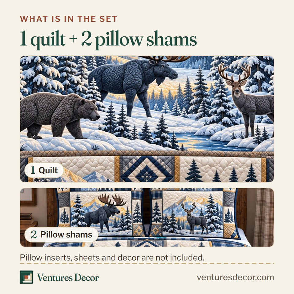 What is in the set: one quilt and two pillow shams, shown in the Forest Patchwork in Gray Quilt Set, 3-Piece Quilted Bedding with 2 Pillow Shams design