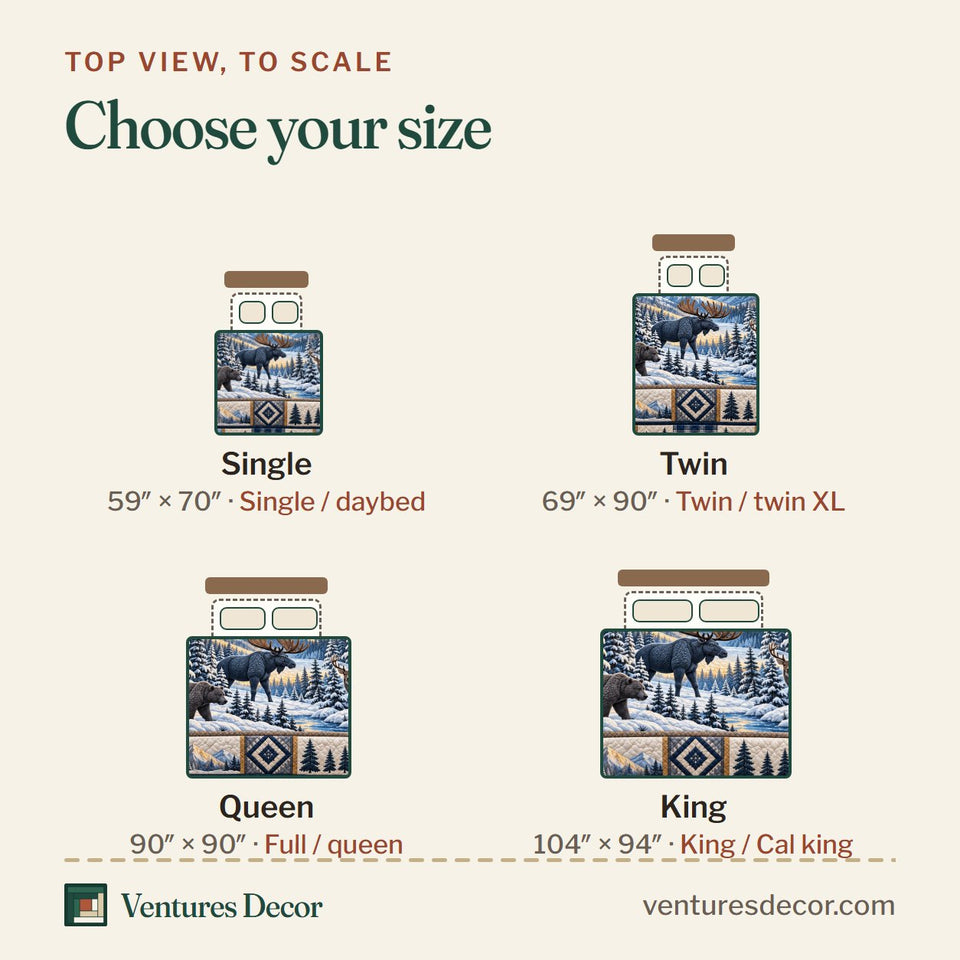 Size guide for the Forest Patchwork in Gray Quilt Set, 3-Piece Quilted Bedding with 2 Pillow Shams quilt, top view to scale: Single 59 x 70 in, Twin 69 x 90 in, Queen 90 x 90 in, King 104 x 94 in