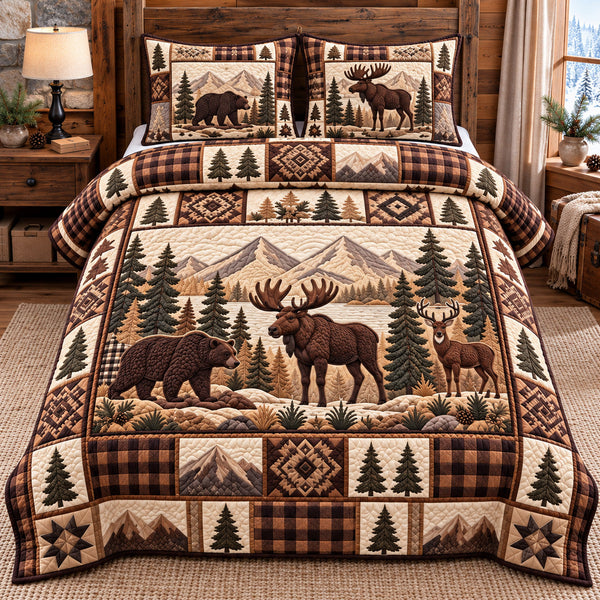 Forest Patchwork in Tan quilted bedding set, quilt and two pillow shams on a made bed