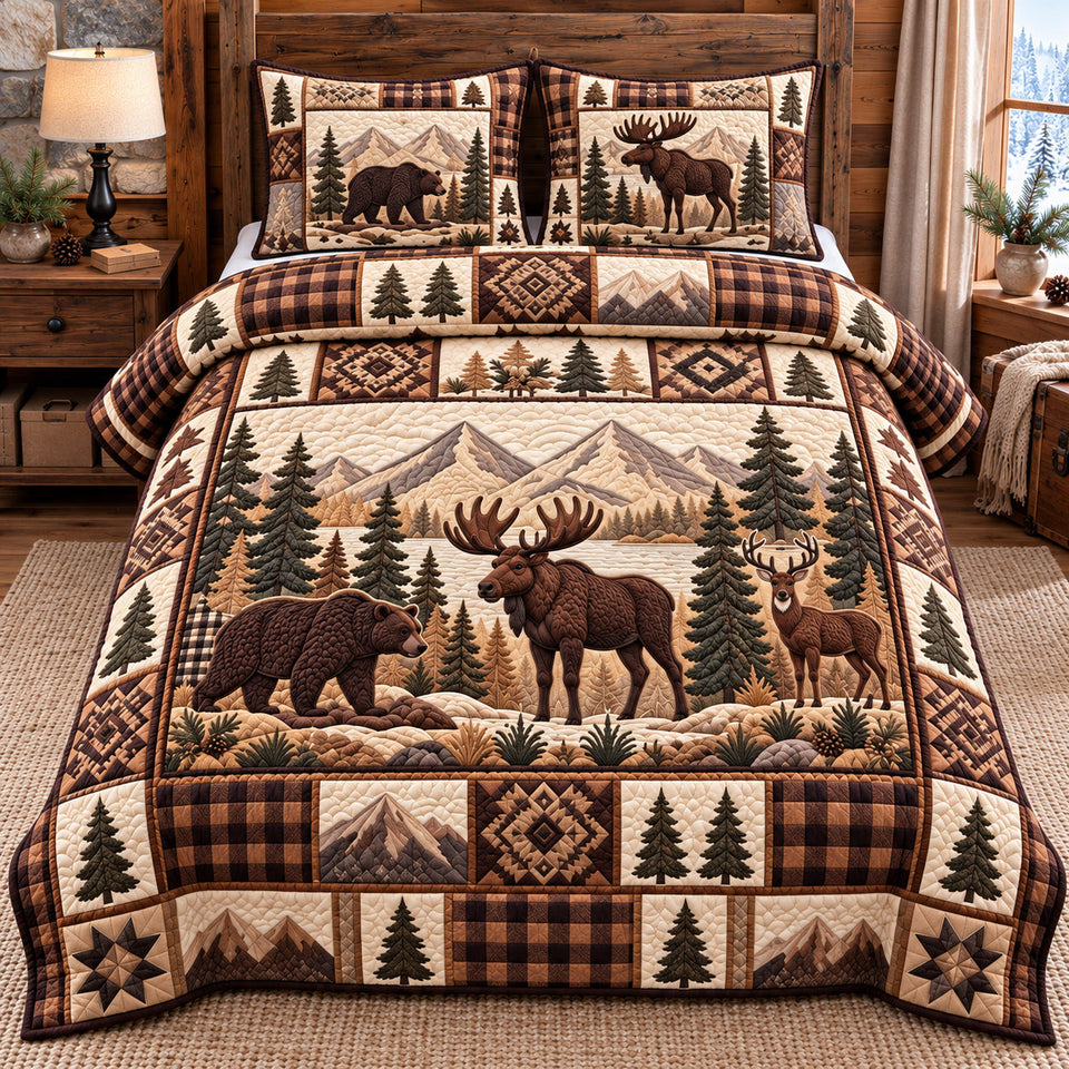 Forest Patchwork in Tan quilted bedding set, quilt and two pillow shams on a made bed