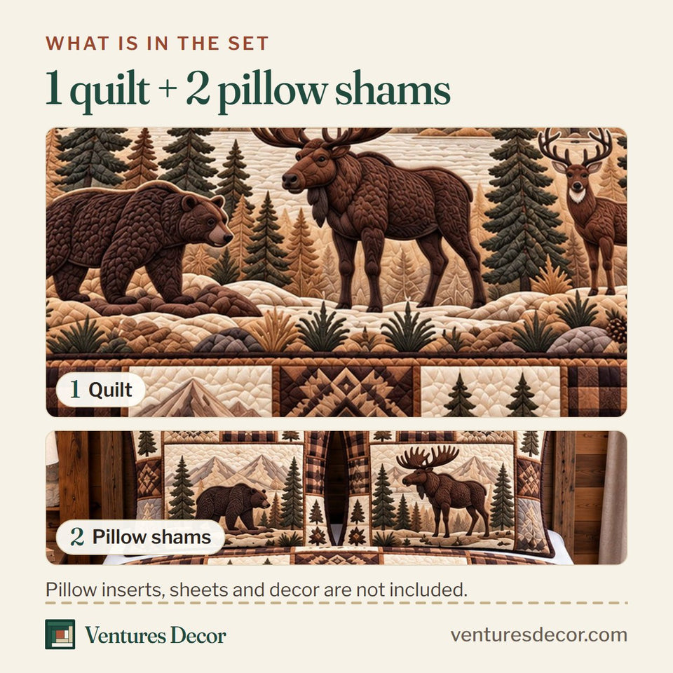 What is in the set: one quilt and two pillow shams, shown in the Forest Patchwork in Tan Quilt Set, 3-Piece Quilted Bedding with 2 Pillow Shams design