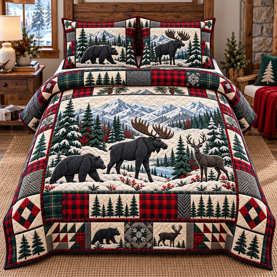 Forest Patchwork quilted bedding set, quilt and two pillow shams on a made bed