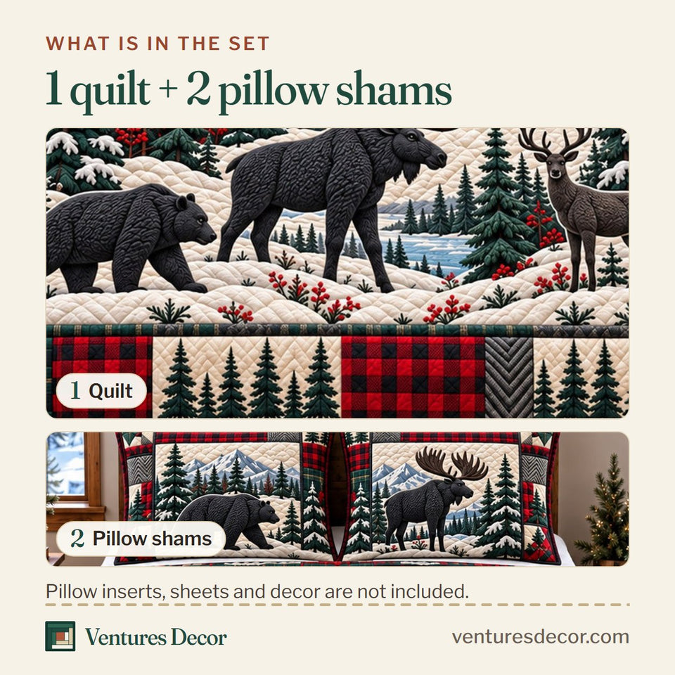 What is in the set: one quilt and two pillow shams, shown in the Forest Patchwork Quilt Set, 3-Piece Quilted Bedding with 2 Pillow Shams design
