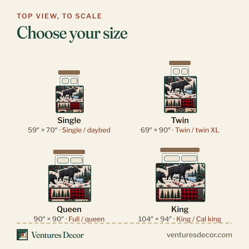 Size guide for the Forest Patchwork Quilt Set, 3-Piece Quilted Bedding with 2 Pillow Shams quilt, top view to scale: Single 59 x 70 in, Twin 69 x 90 in, Queen 90 x 90 in, King 104 x 94 in