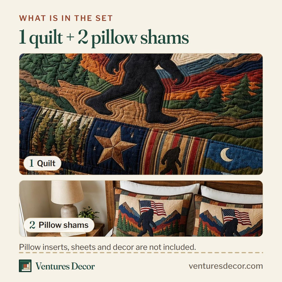 What is in the set: one quilt and two pillow shams, shown in the Forest Peace design