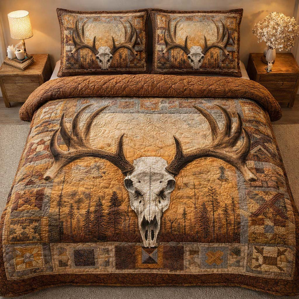 Forest Relic quilted bedding set, quilt and two pillow shams on a made bed