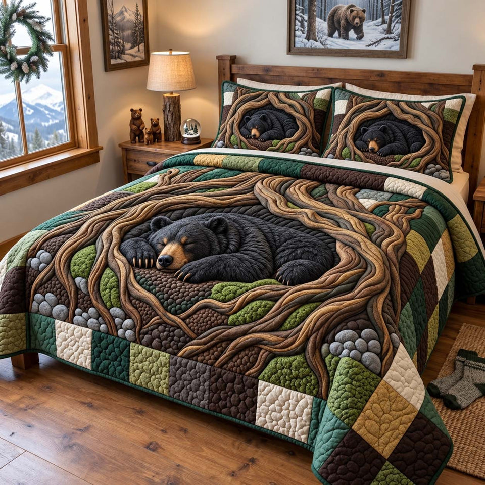 Forest Roots Bear quilted bedding set, quilt and two pillow shams on a made bed