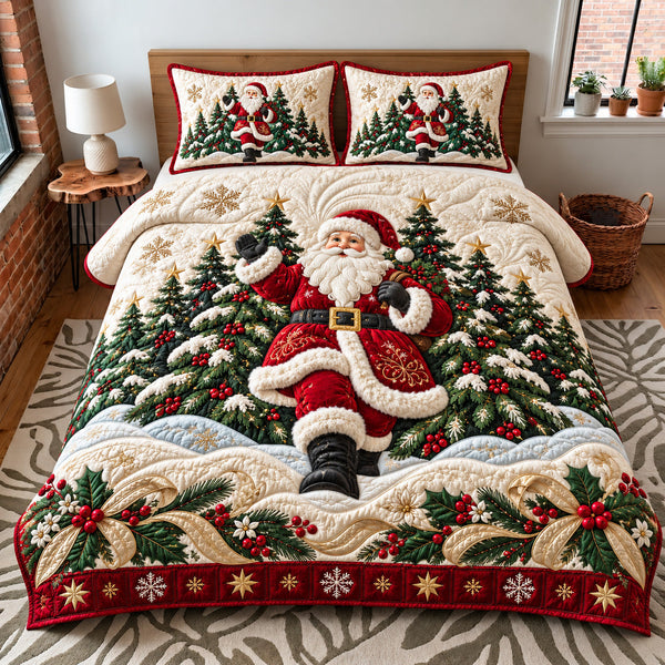Forest Santa quilted bedding set, quilt and two pillow shams on a made bed