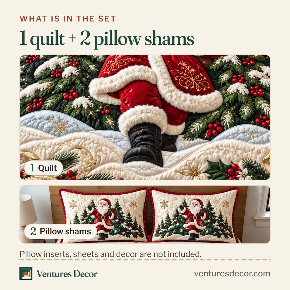 What is in the set: one quilt and two pillow shams, shown in the Christmas Forest Santa Quilt Set, 3-Piece Quilted Bedding with 2 Pillow Shams design
