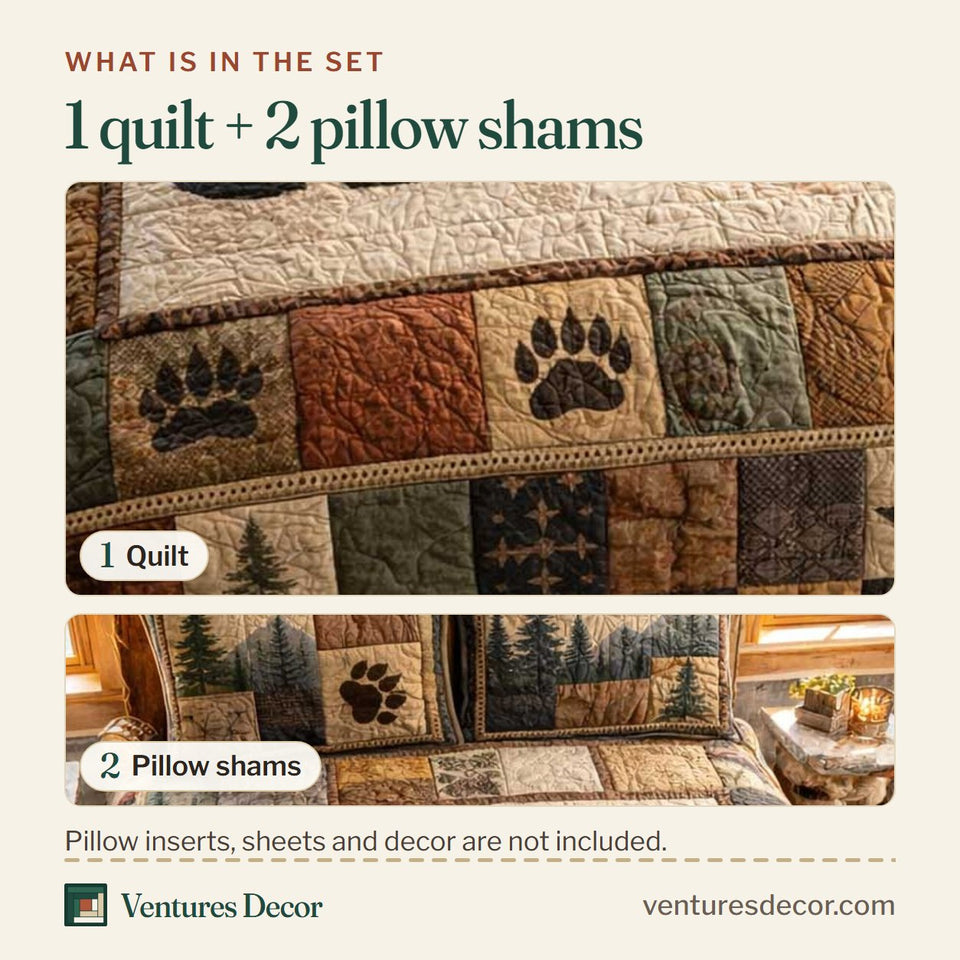 What is in the set: one quilt and two pillow shams, shown in the Forest Shadow Bear Patch design