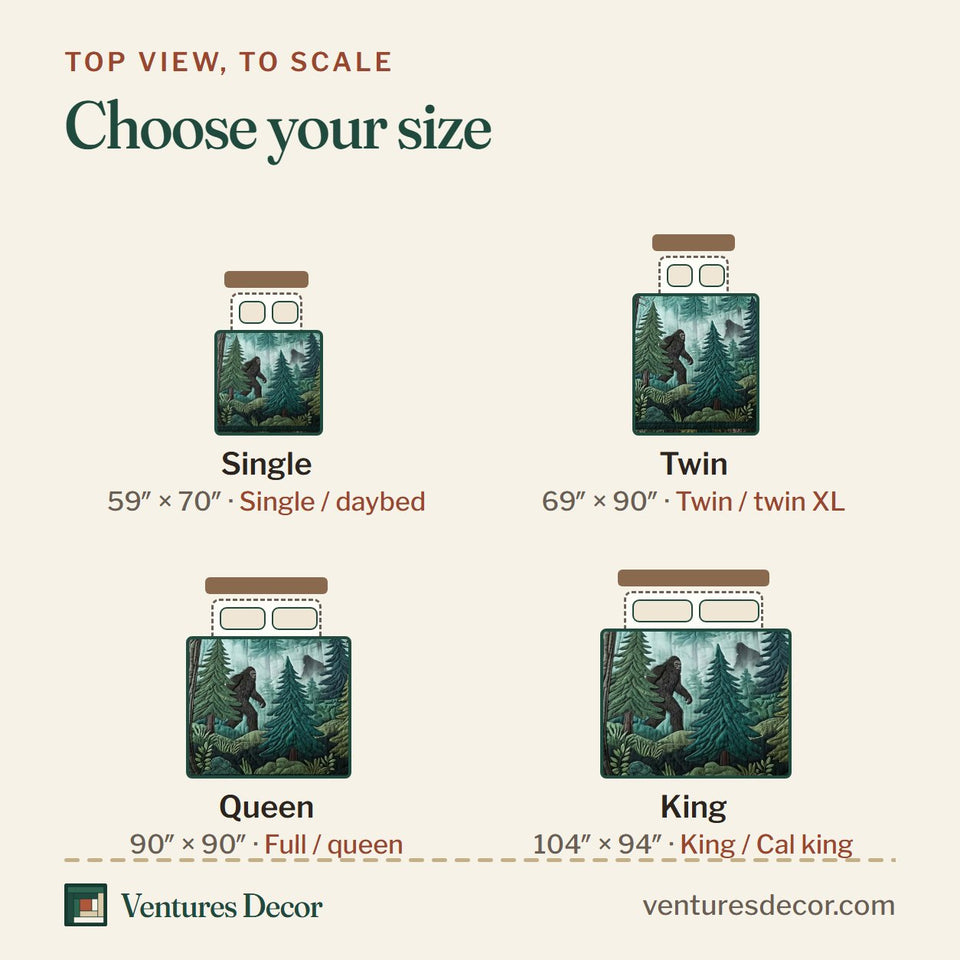Size guide for the Forest Shadow Bigfoot quilt, top view to scale: Single 59 x 70 in, Twin 69 x 90 in, Queen 90 x 90 in, King 104 x 94 in