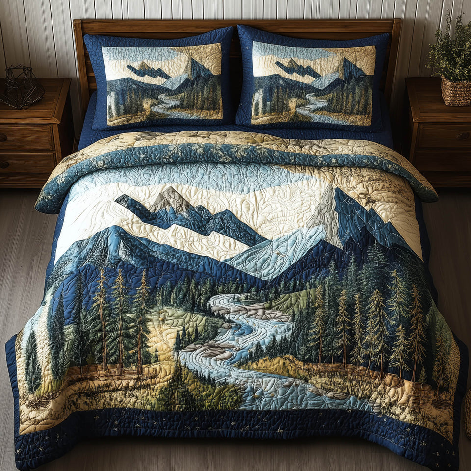 Forest Soul Winding River Valley quilted bedding set, quilt and two pillow shams on a made bed