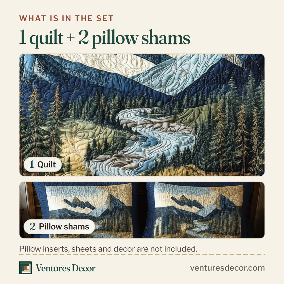 What is in the set: one quilt and two pillow shams, shown in the Forest Soul Winding River Valley design