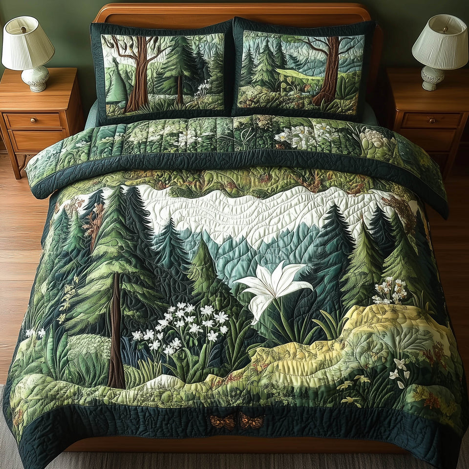 Forest Soul Woodland Lily Clearing quilted bedding set, quilt and two pillow shams on a made bed
