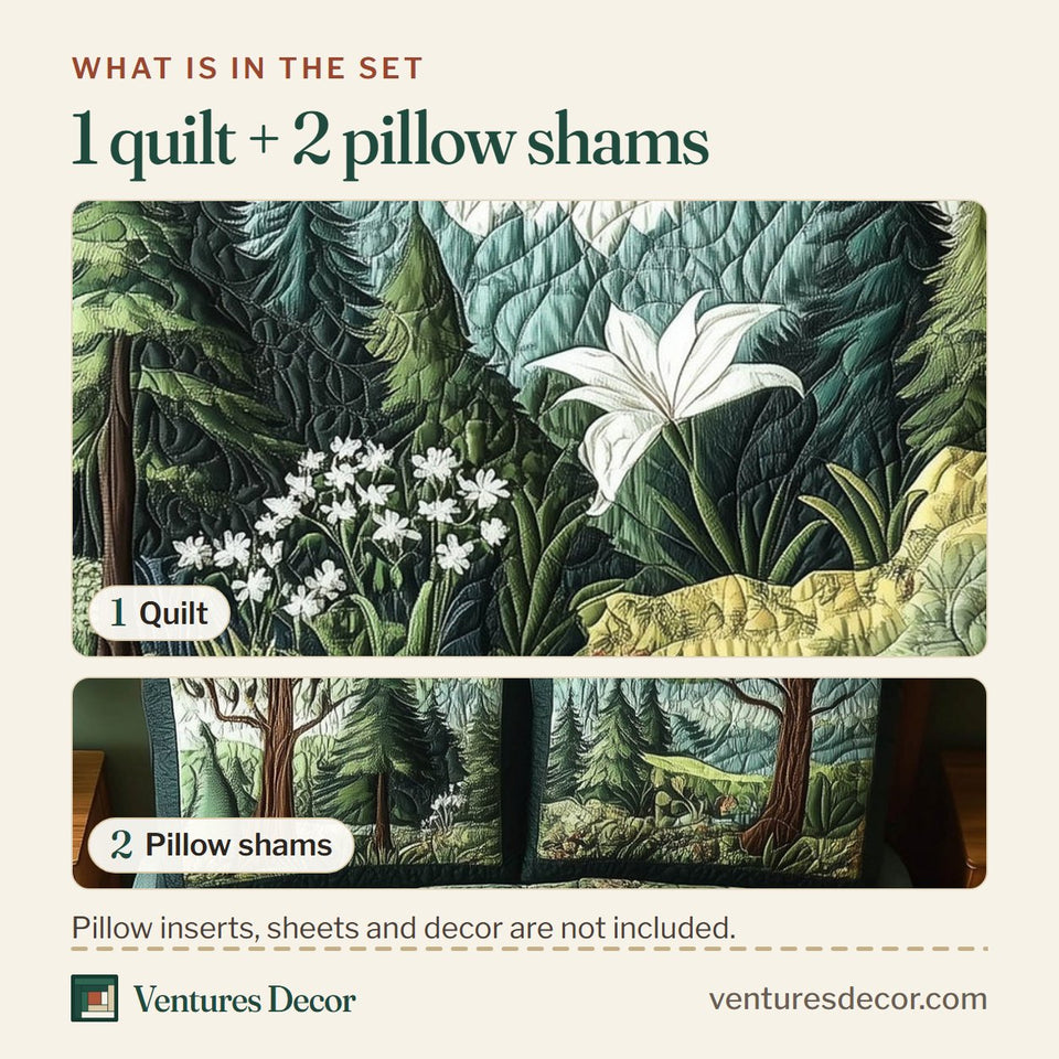 What is in the set: one quilt and two pillow shams, shown in the Forest Soul Woodland Lily Clearing design