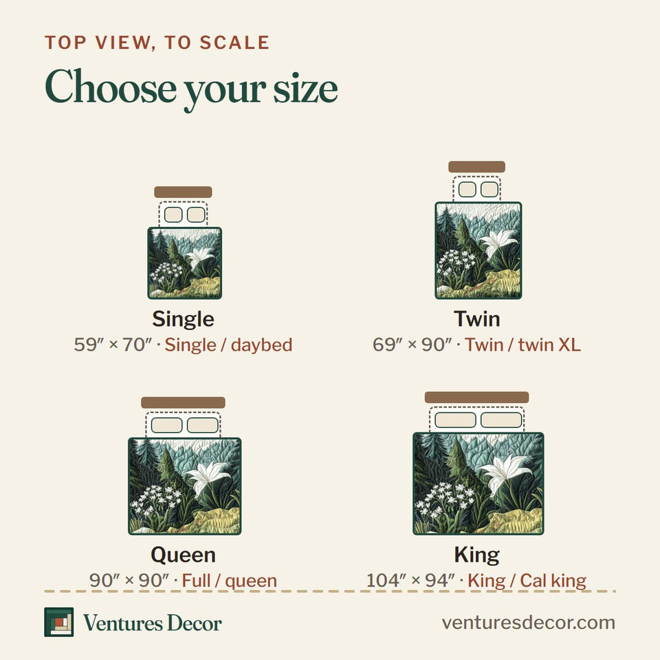 Size guide for the Forest Soul Woodland Lily Clearing quilt, top view to scale: Single 59 x 70 in, Twin 69 x 90 in, Queen 90 x 90 in, King 104 x 94 in