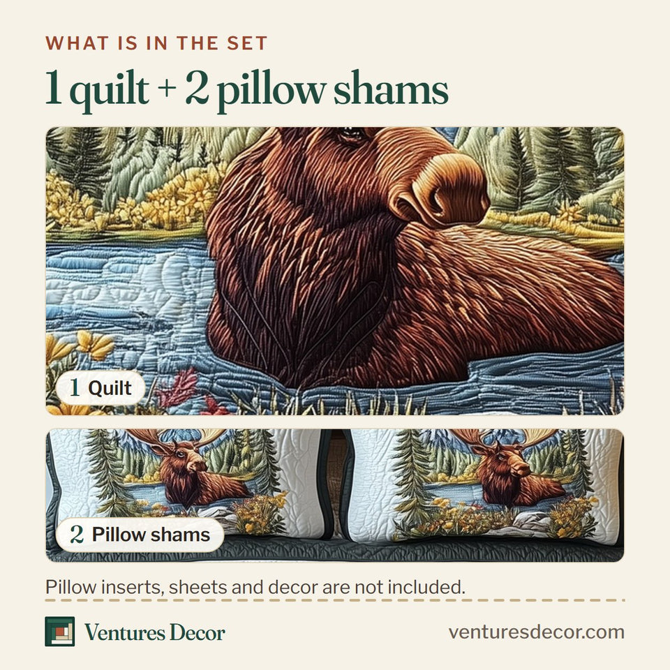 What is in the set: one quilt and two pillow shams, shown in the Forest Spirit Moose design