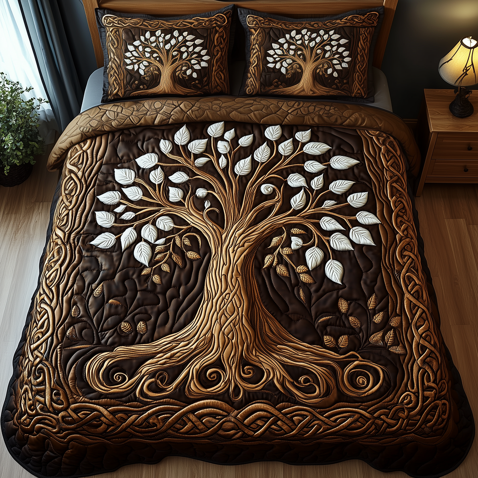 Forest Spirit White Leaf Tree Brown quilted bedding set, quilt and two pillow shams on a made bed