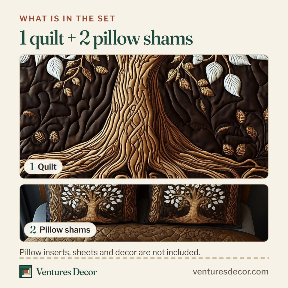 What is in the set: one quilt and two pillow shams, shown in the Forest Spirit White Leaf Tree Brown design