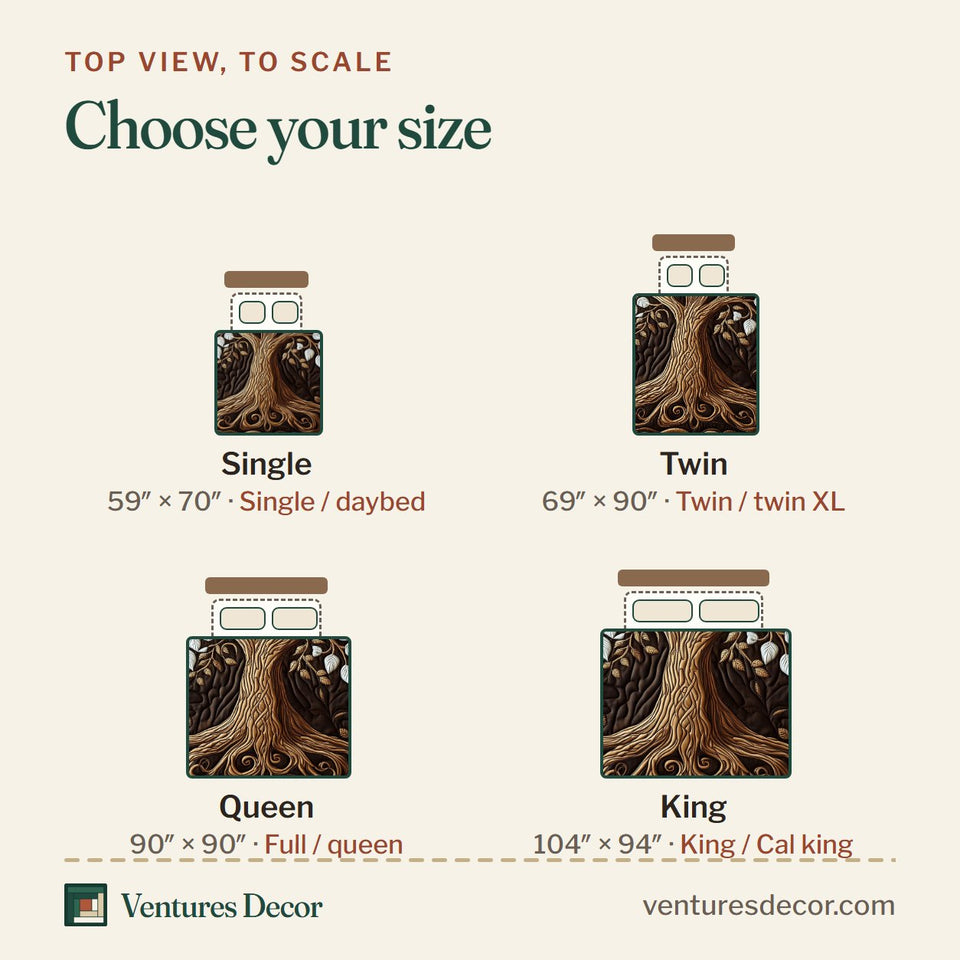 Size guide for the Forest Spirit White Leaf Tree Brown quilt, top view to scale: Single 59 x 70 in, Twin 69 x 90 in, Queen 90 x 90 in, King 104 x 94 in