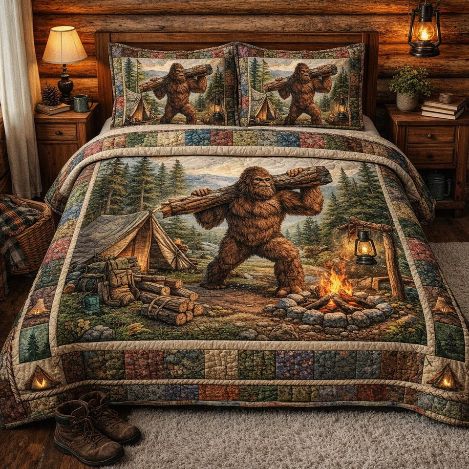 Forest Squatch quilted bedding set, quilt and two pillow shams on a made bed