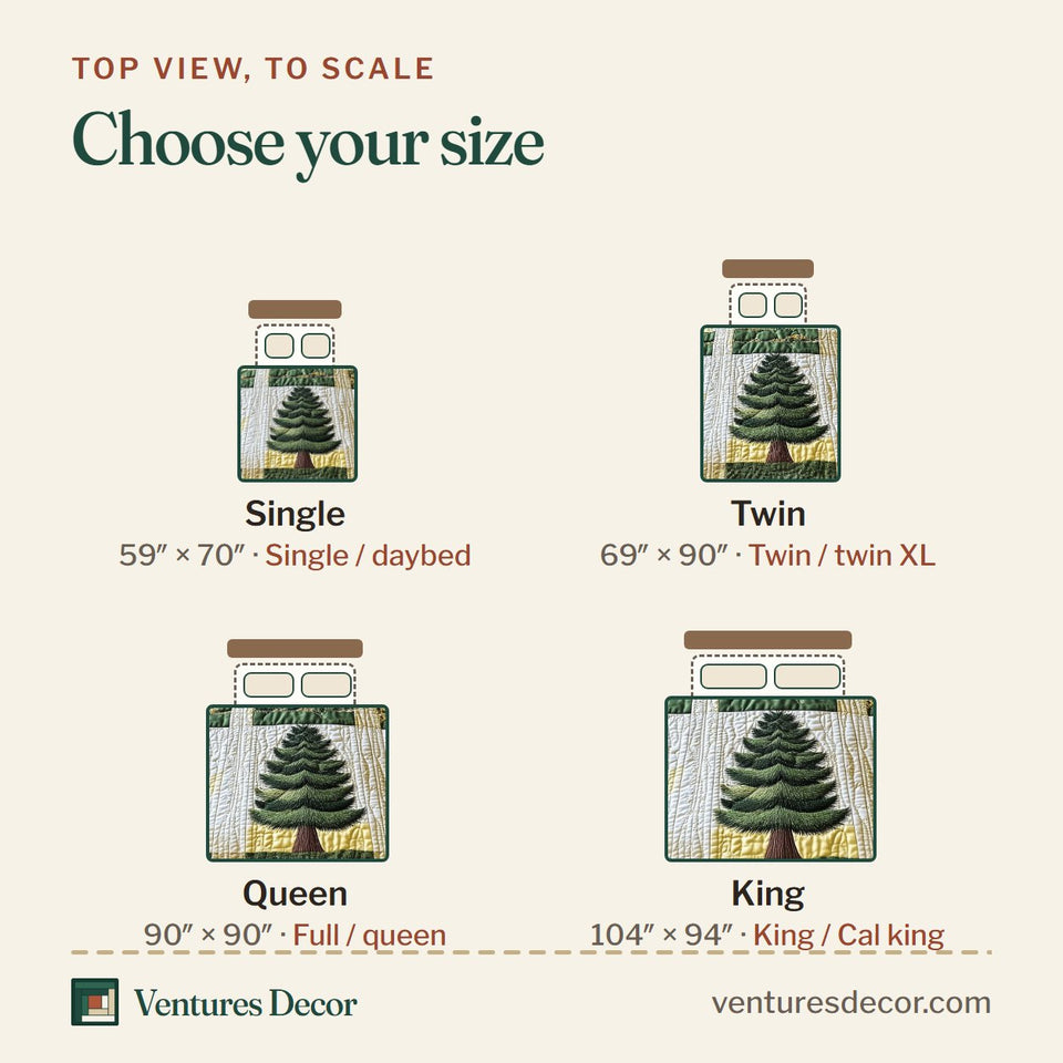 Size guide for the Forest Tree Cream and Gold Blocks quilt, top view to scale: Single 59 x 70 in, Twin 69 x 90 in, Queen 90 x 90 in, King 104 x 94 in