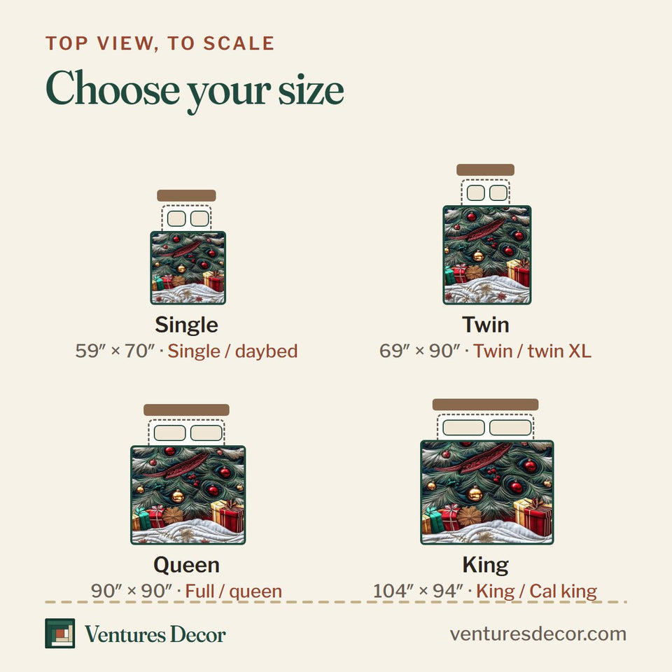 Size guide for the Forest Tree Holiday Pine and Gifts quilt, top view to scale: Single 59 x 70 in, Twin 69 x 90 in, Queen 90 x 90 in, King 104 x 94 in