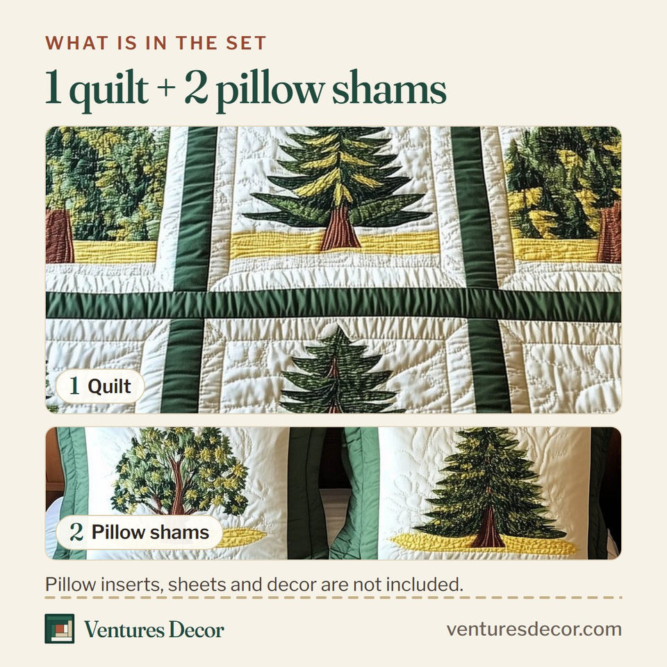 What is in the set: one quilt and two pillow shams, shown in the Forest Tree Oak and Pine Squares design