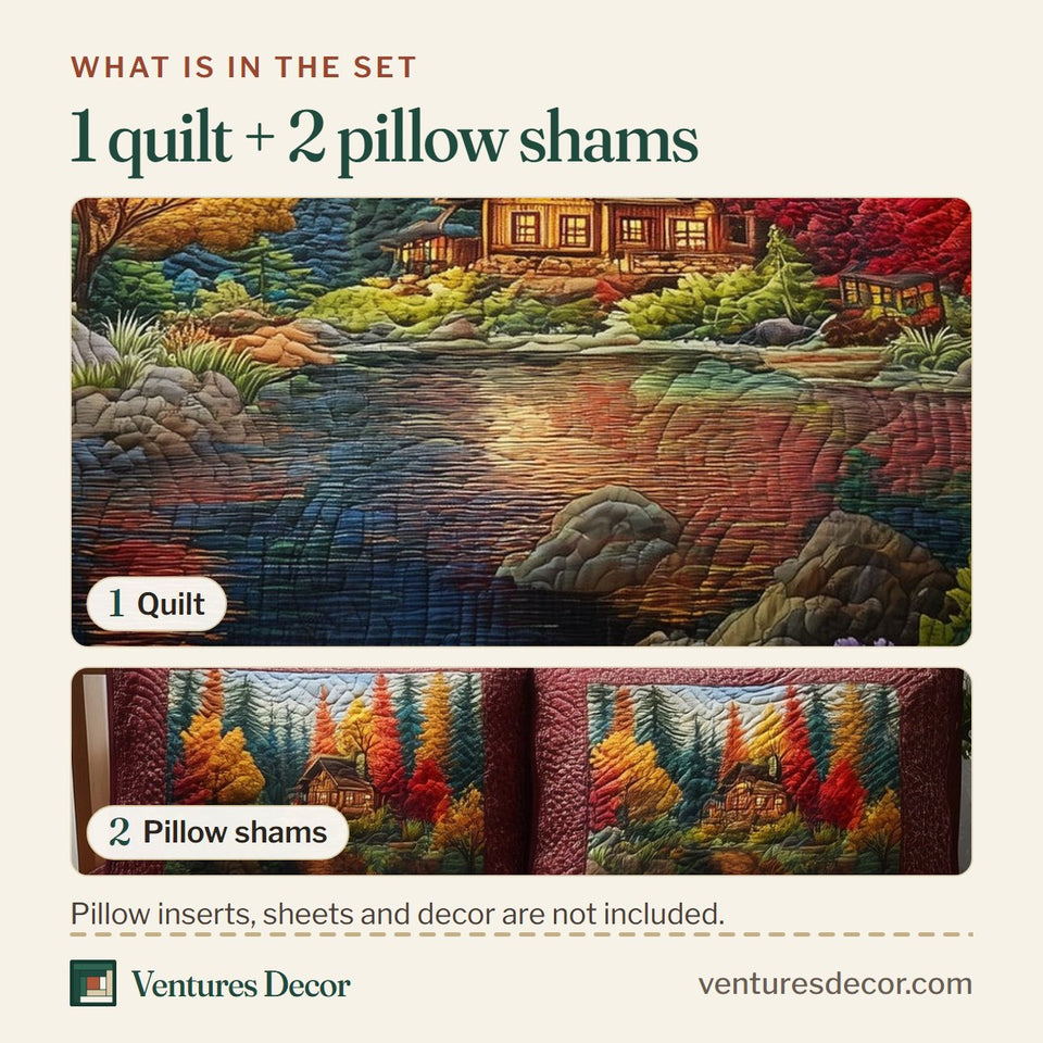 What is in the set: one quilt and two pillow shams, shown in the Forest Vibe Fall Cabin Reflection design