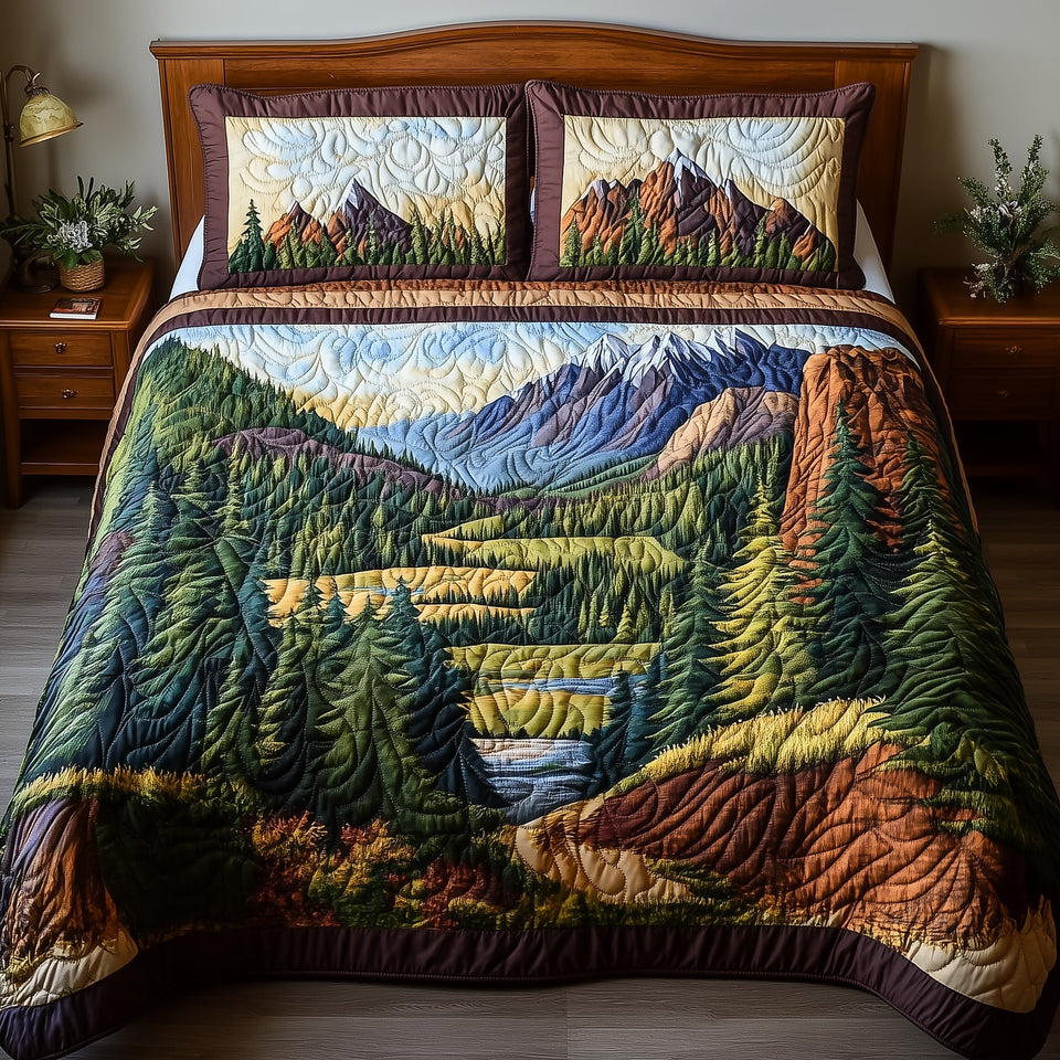 Forest Vibes Violet Peak Valley quilted bedding set, quilt and two pillow shams on a made bed