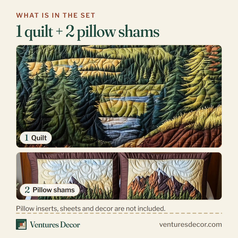 What is in the set: one quilt and two pillow shams, shown in the Forest Vibes Violet Peak Valley design