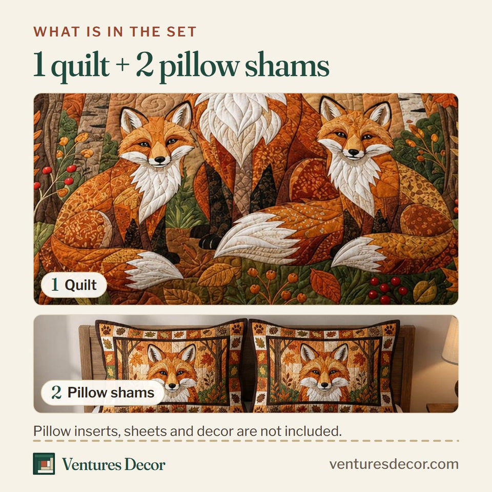 What is in the set: one quilt and two pillow shams, shown in the Fox Family design