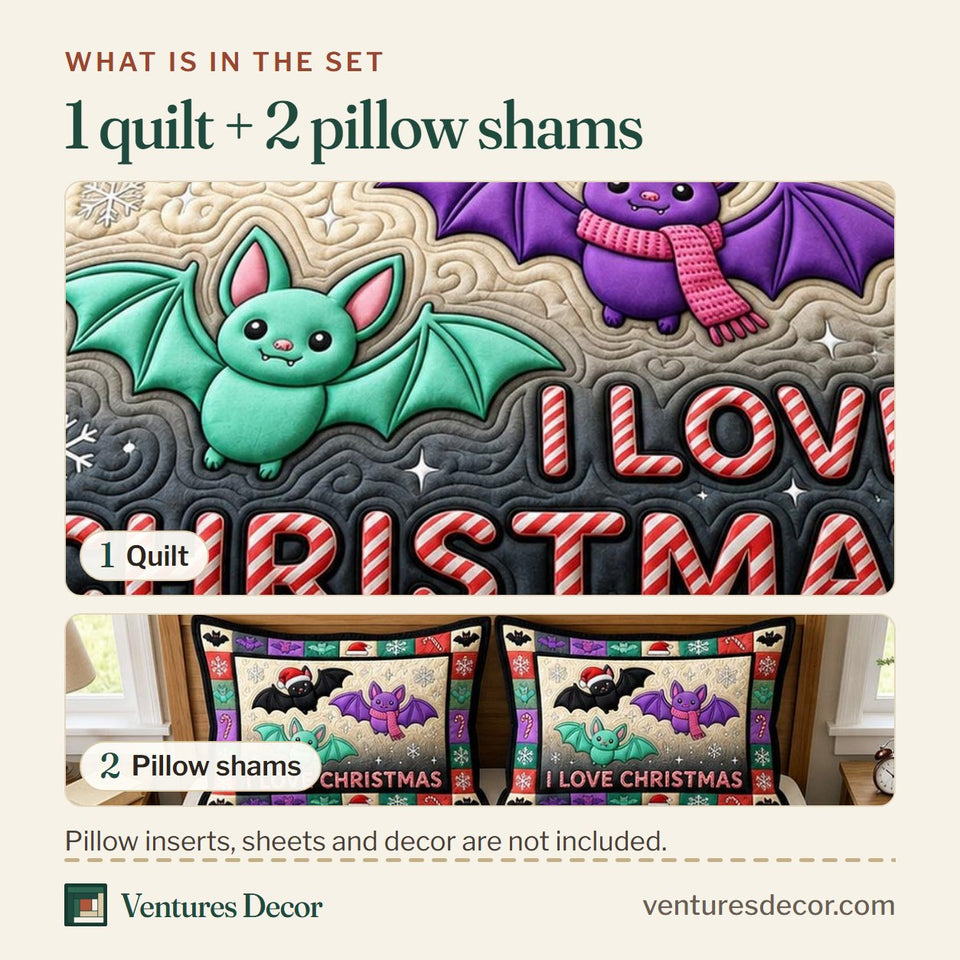 What is in the set: one quilt and two pillow shams, shown in the Freaking Bats Christmas Cheer design