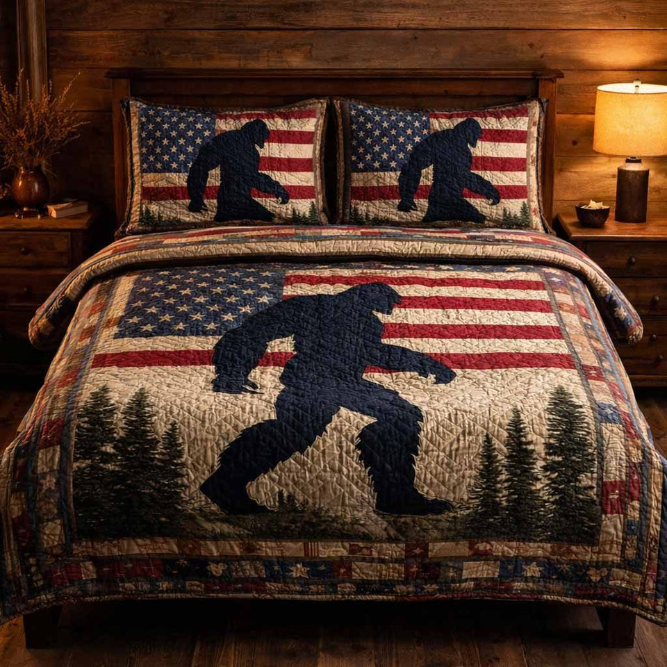 Freedom Beast quilted 3-piece bedding set on a made bed in a warmly lit bedroom