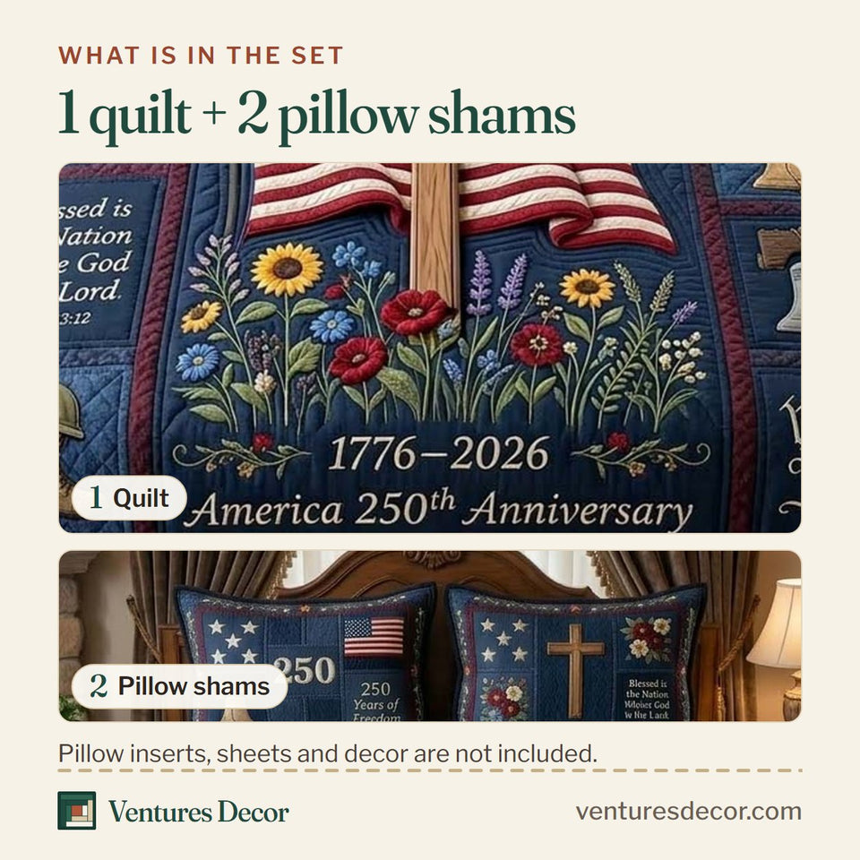 What is in the set: one quilt and two pillow shams, shown in the Freedom Cross design