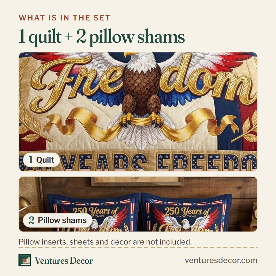 What is in the set: one quilt and two pillow shams, shown in the Freedom Eagle Golden Banner design
