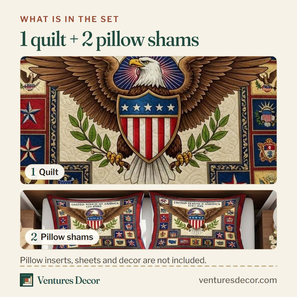 What is in the set: one quilt and two pillow shams, shown in the Freedom Emblem design