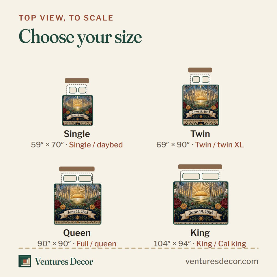 Size guide for the Freedom Honor quilt, top view to scale: Single 59 x 70 in, Twin 69 x 90 in, Queen 90 x 90 in, King 104 x 94 in