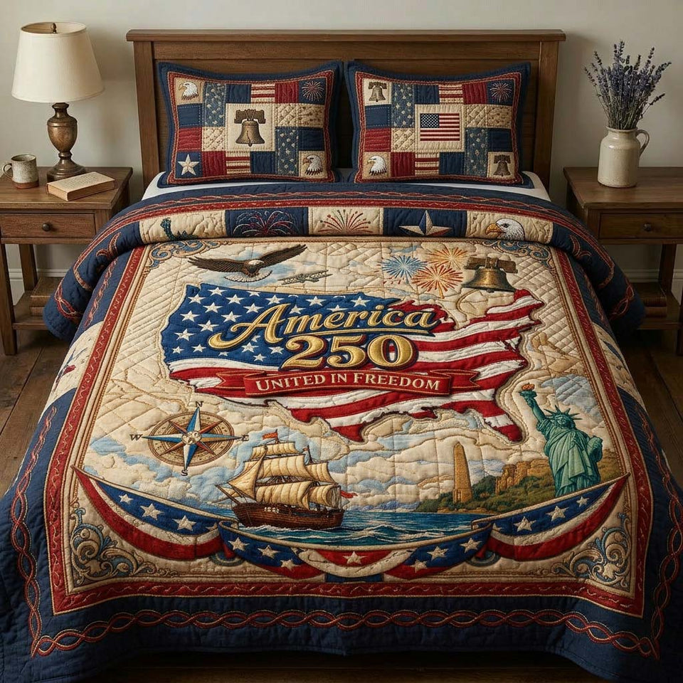 Freedom Map quilted bedding set, quilt and two pillow shams on a made bed