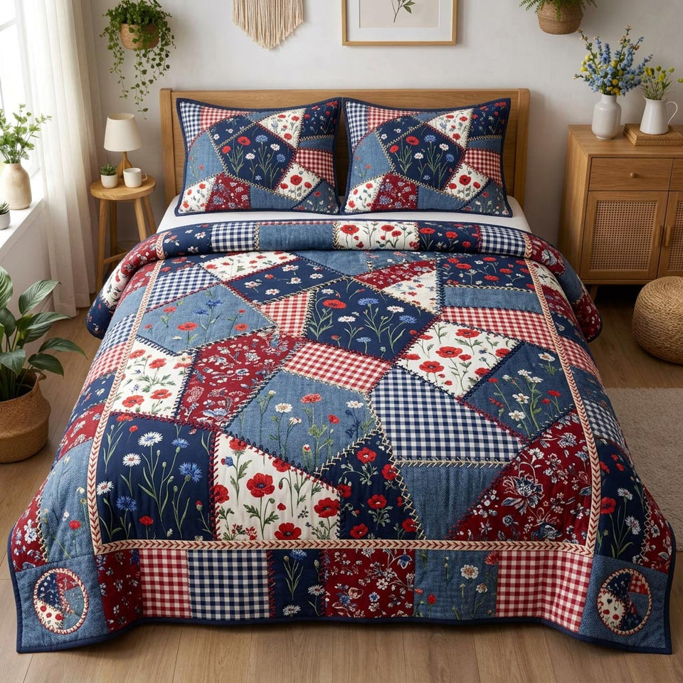 Freedom Meadow quilted bedding set, quilt and two pillow shams on a made bed
