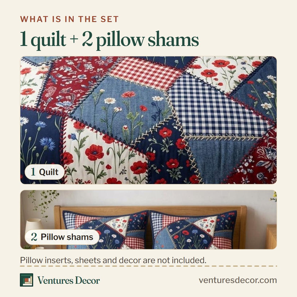What is in the set: one quilt and two pillow shams, shown in the Freedom Meadow design