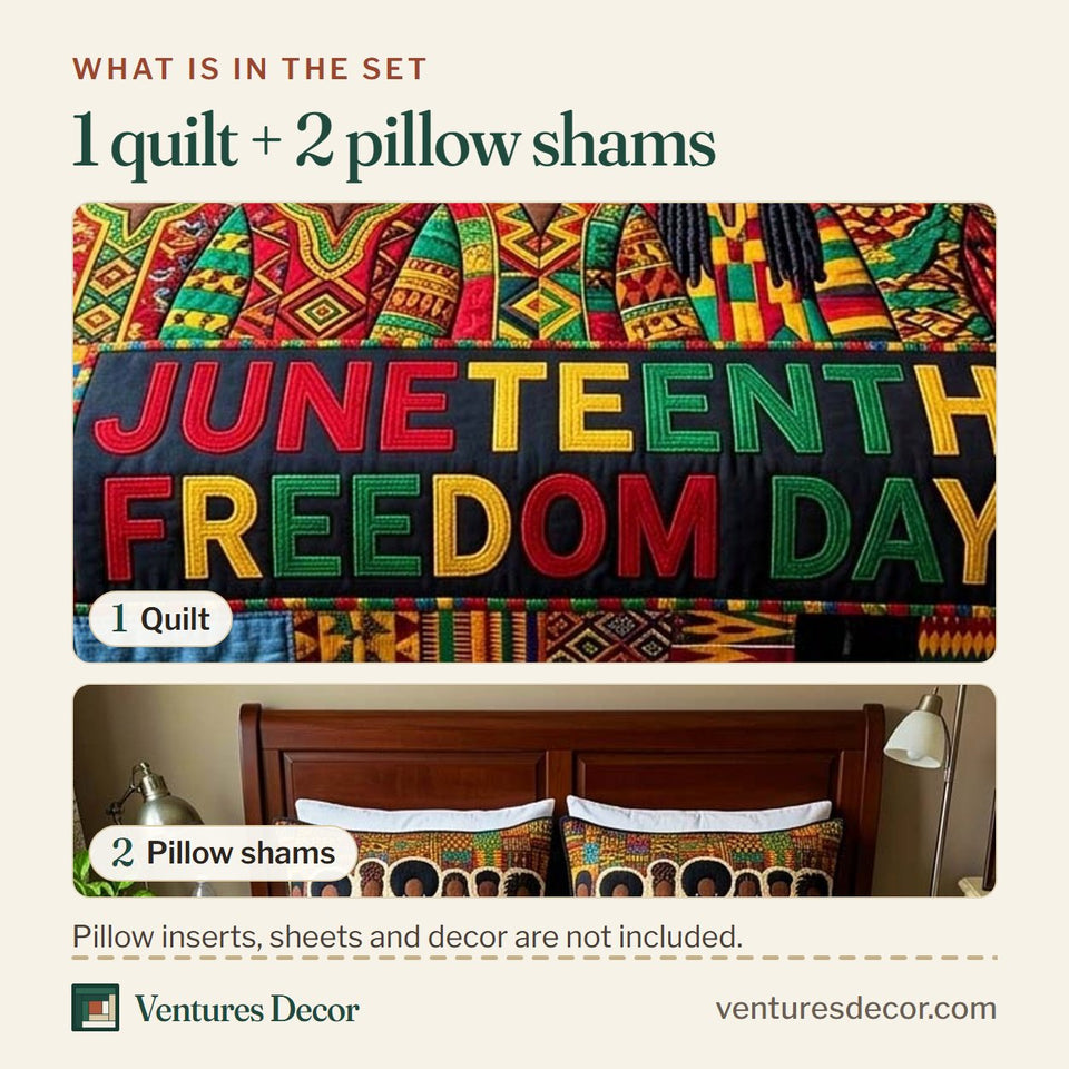 What is in the set: one quilt and two pillow shams, shown in the Freedom Parade design