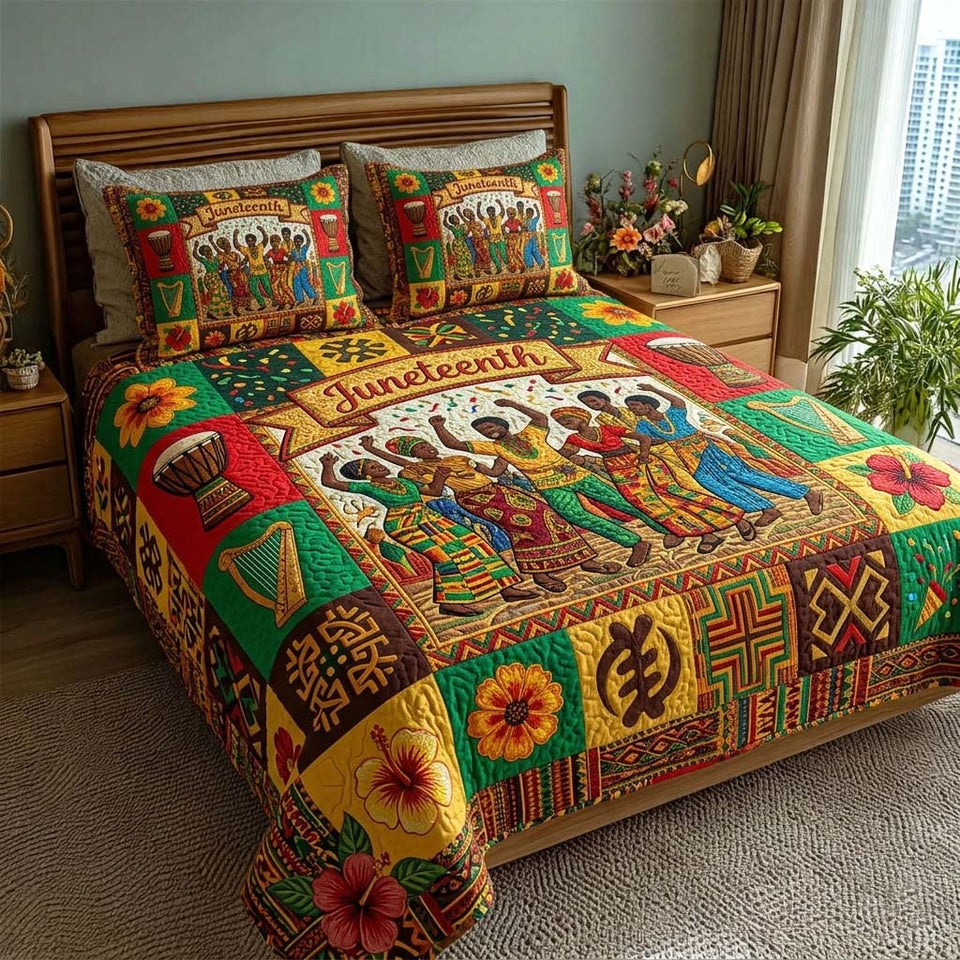 Freedom Rhythm quilted bedding set, quilt and two pillow shams on a made bed