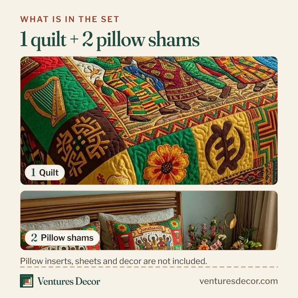 What is in the set: one quilt and two pillow shams, shown in the Freedom Rhythm design