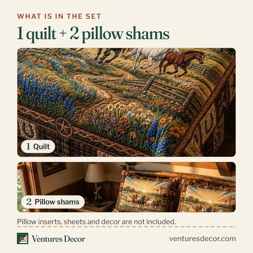 What is in the set: one quilt and two pillow shams, shown in the Freedom Run Meadow design