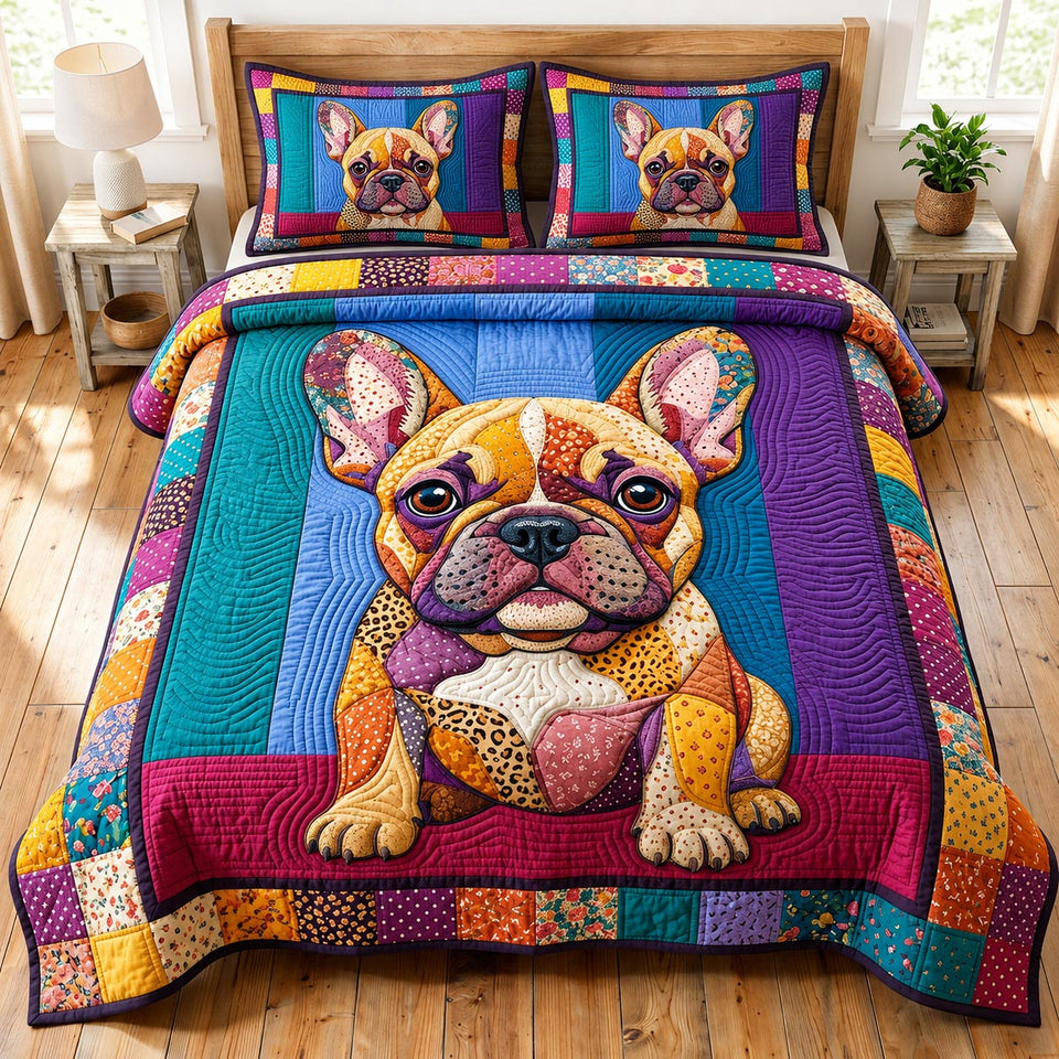 French Bulldog Bright Patch Lounger quilted bedding set, quilt and two pillow shams on a made bed