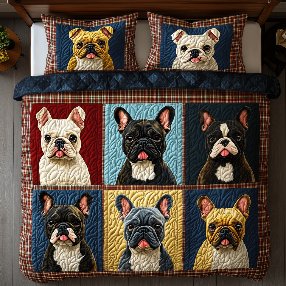 French Bulldog Framed Portrait Grid quilted bedding set, quilt and two pillow shams on a made bed