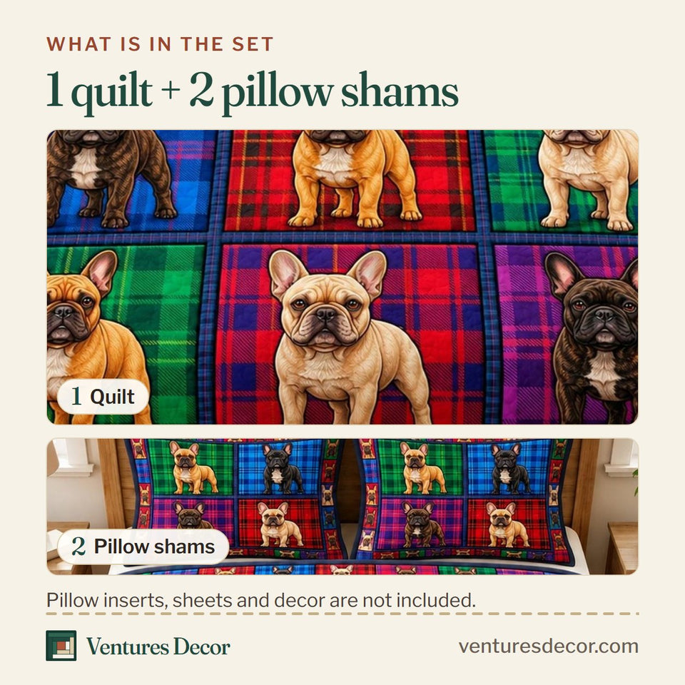 What is in the set: one quilt and two pillow shams, shown in the French Bulldog Tartan Block Portraits design