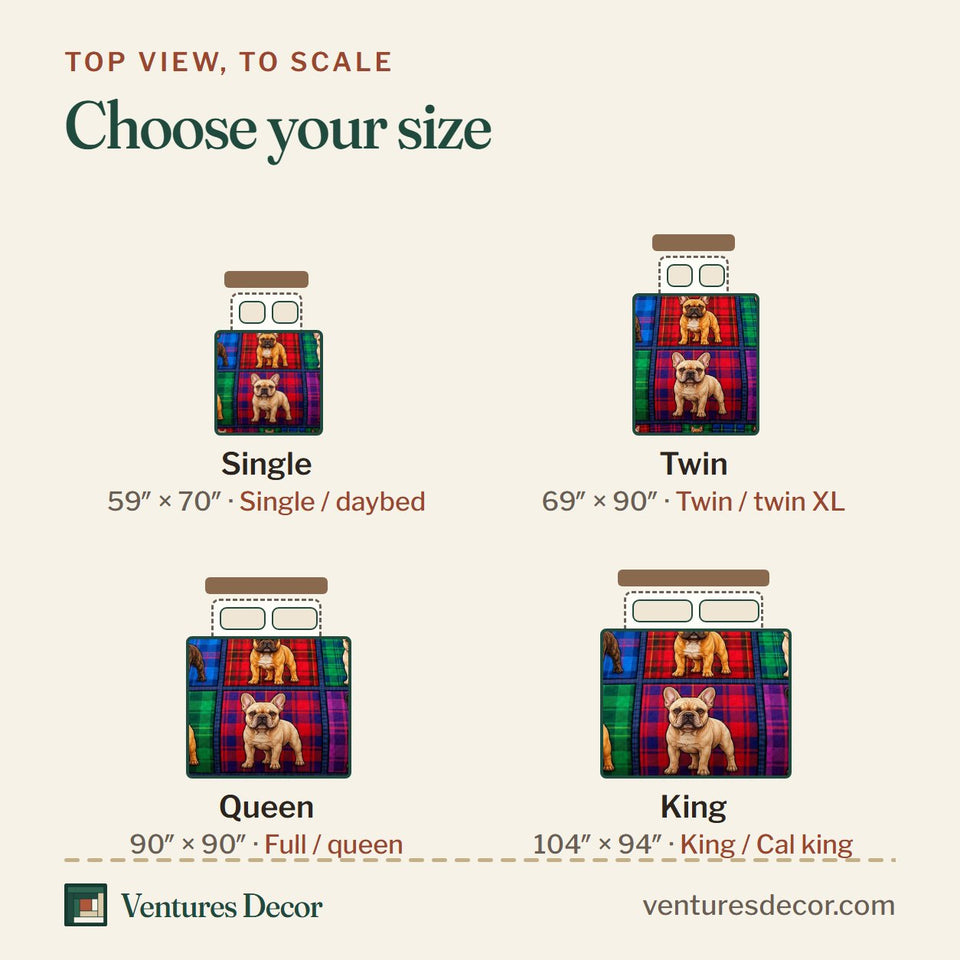 Size guide for the French Bulldog Tartan Block Portraits quilt, top view to scale: Single 59 x 70 in, Twin 69 x 90 in, Queen 90 x 90 in, King 104 x 94 in
