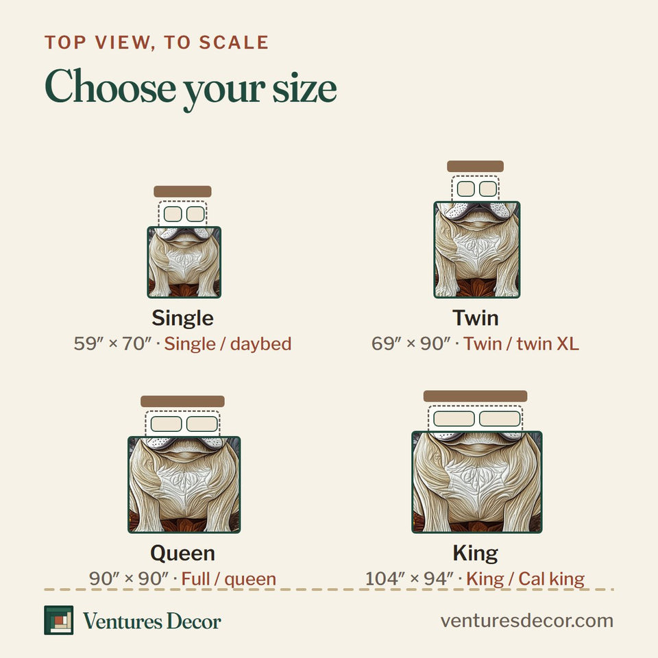 Size guide for the Frenchie Night Garden quilt, top view to scale: Single 59 x 70 in, Twin 69 x 90 in, Queen 90 x 90 in, King 104 x 94 in